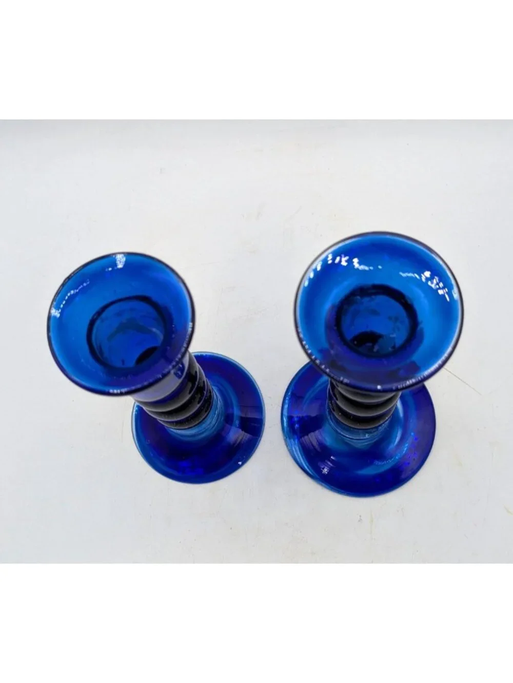 Vintage Pair Cobalt Blue Encased Blown Glass Candlestick Holders 6.5